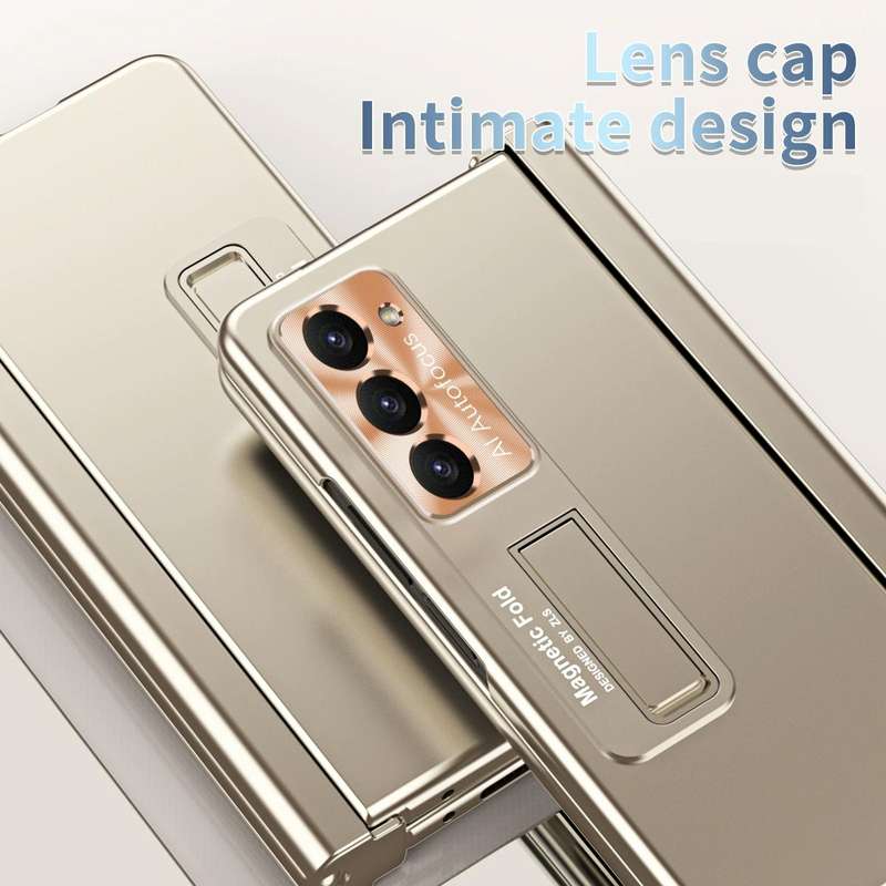 For Samsung Galaxy Z Fold5 Electroplating Corrugated Hinge Folding Phone Case with Pen Slot(Gold)