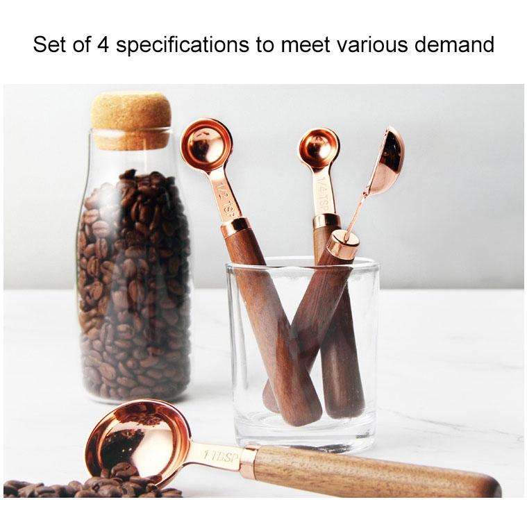 4 PCS / Set Measuring Spoon Walnut Handle Copper-Plated Kitchen Baking Tools Bartender Scale Meas...