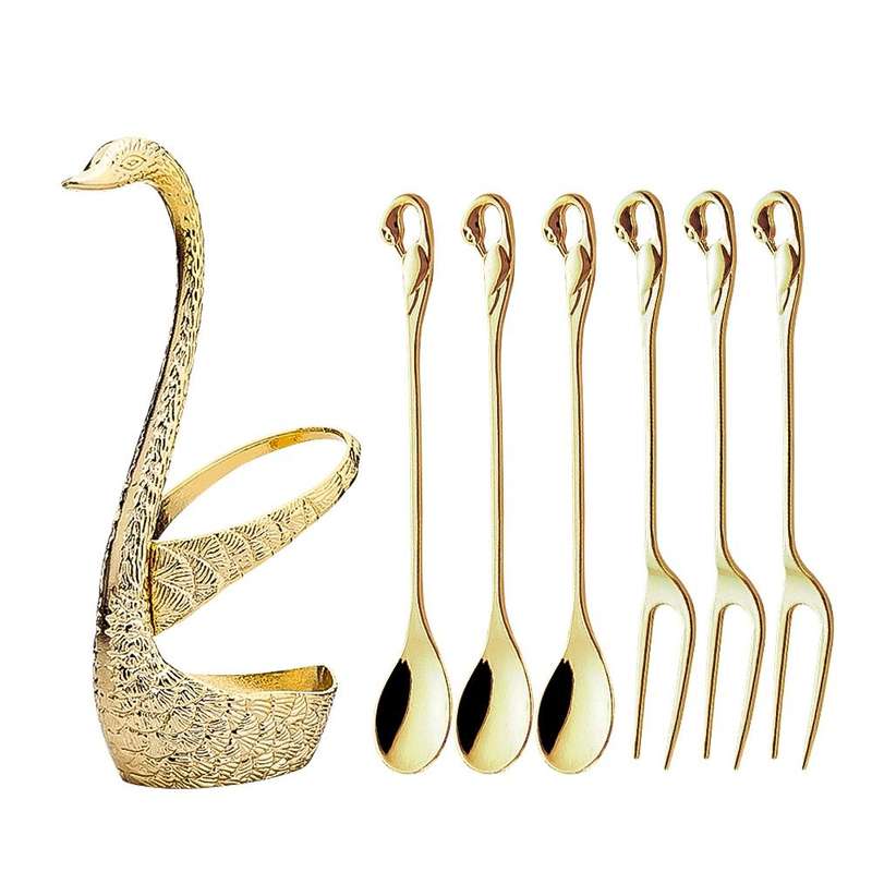 Swan Fruit Fork And Spoon Set Dessert Fork Fruit Fork Rack Tableware Wedding Gift, Colour: Golden...
