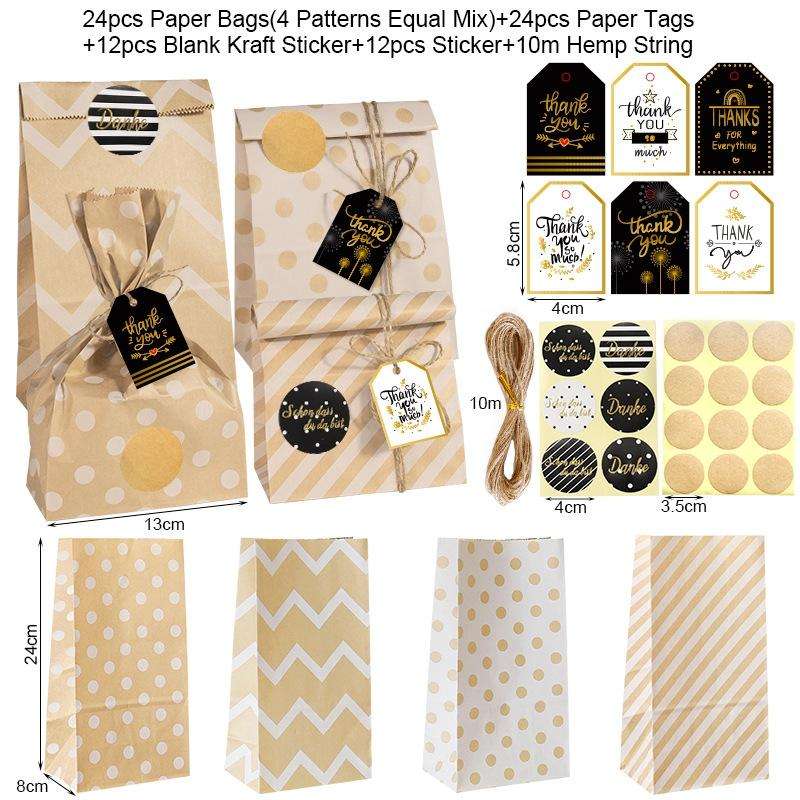 24 In 1 Point Striped Cowhide Paper Bag Retro Thanks Gift Bag Party Bakery Biscuits Candy Bag(Sty...