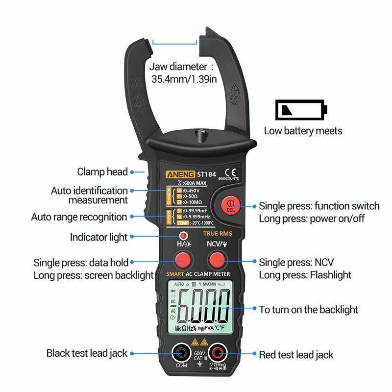 ANENG ST184 Automatically Identify Clamp-On Smart Digital Multimeter(Red)