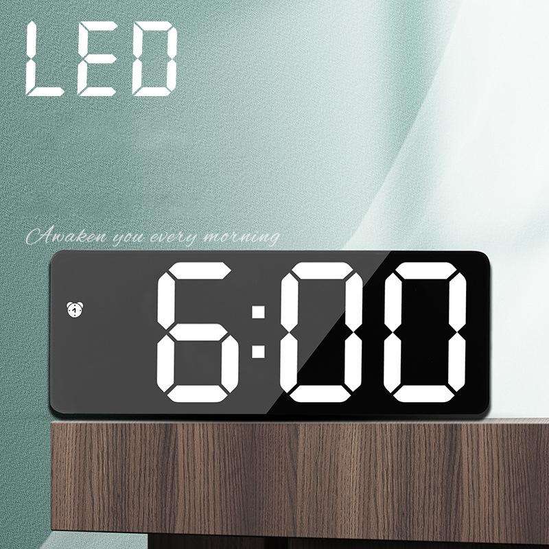 Mirror Bedside Alarm Clock Battery Plug-In Dual-Purpose LED Clock, Colour: Arc-shaped Black Shell...