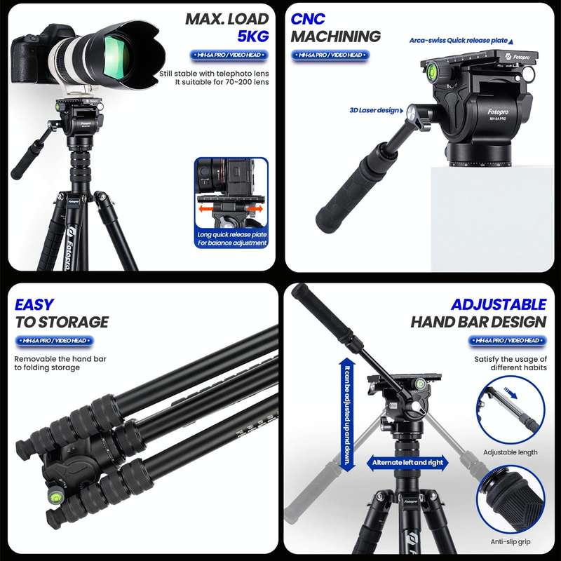 Fotopro MH-6A Pro Aluminum Alloy Heavy Duty Video Camera Tripod Action Fluid Drag Head with Slidi...