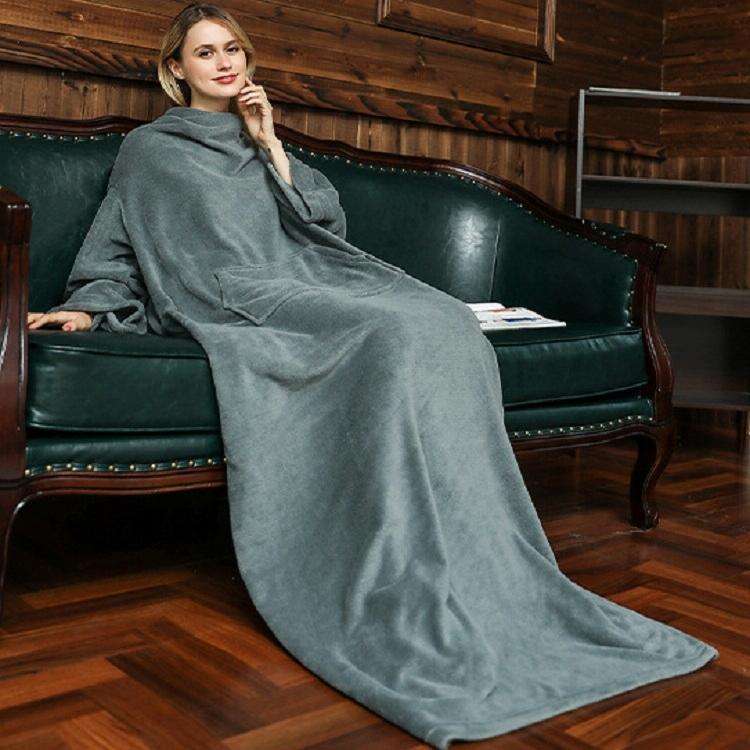 Flannel Long Pullover Warm Blanket with Sleeve(Gray)