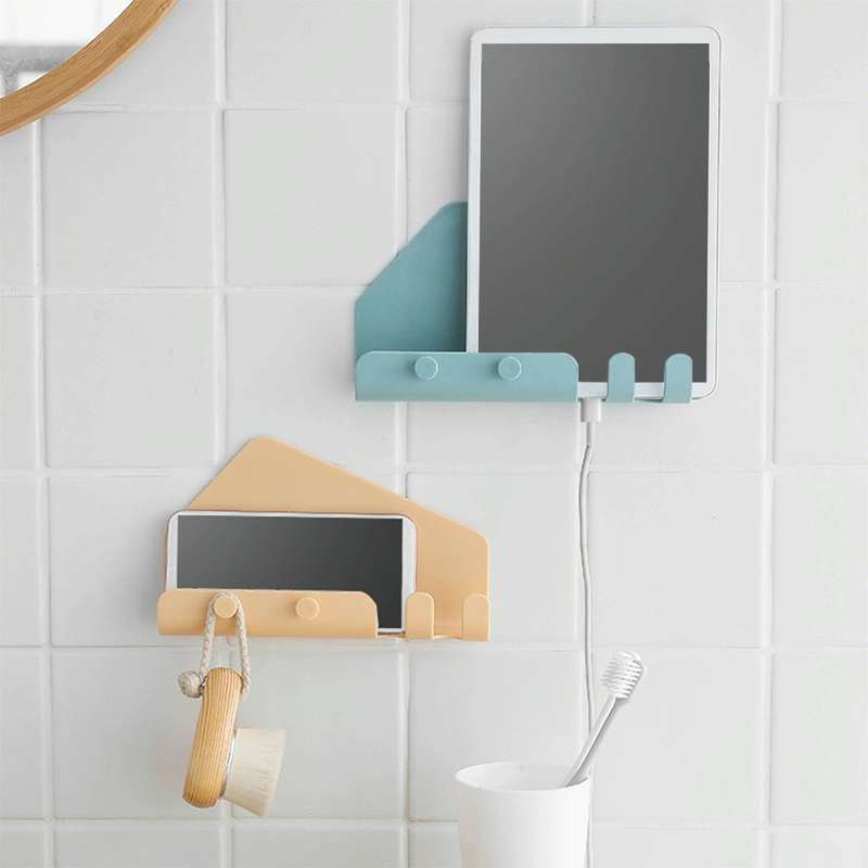 Wall Mounted 4 Hooks Mobile Phone Hanging Holder Hook Charging Stand Bracket(White)