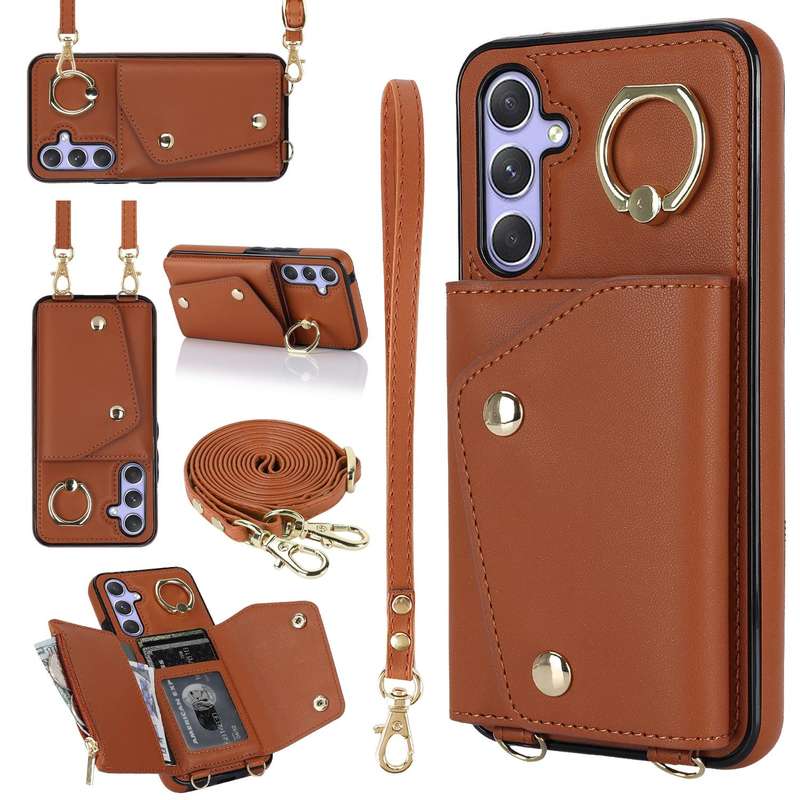 For Samsung Galaxy A54 5G Zipper Card Bag Phone Case with Dual Lanyard(Brown)