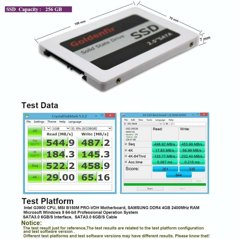 Goldenfir SSD 2.5 inch SATA Hard Drive Disk Disc Solid State Disk, Capacity: 256GB