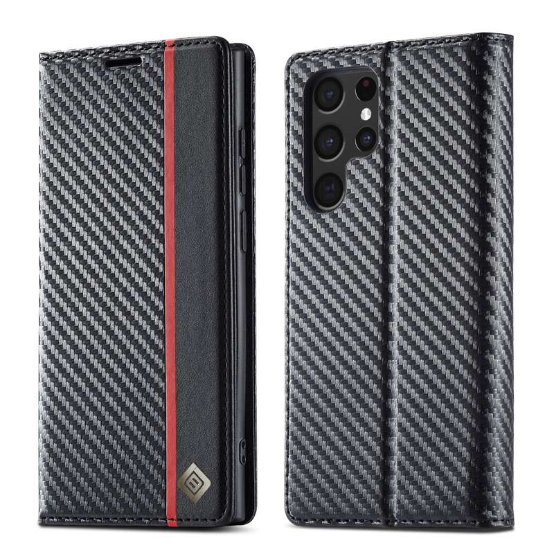 For Samsung Galaxy S22 Ultra 5G LC.IMEEKE Carbon Fiber Horizontal Flip Leather Phone Case(Vertica...