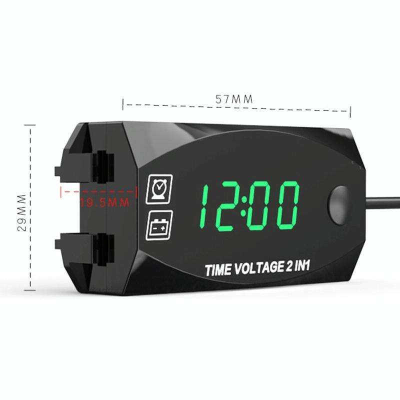 Motorcycle Multi-functional 2 in 1 Digital Display Voltmeter + Electronic Clock, 6-30V IP67 (Gree...