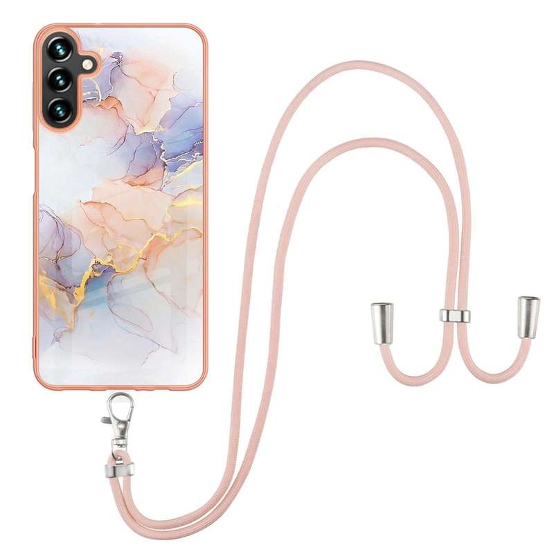 For Samsung Galaxy A14 5G Electroplating IMD TPU Phone Case with Lanyard(White Marble)