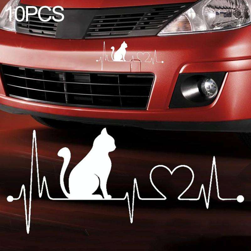 10 PCS Cat Heartbeat Lifeline Shape Vinyl Decal Creative Car Stickers Car Styling Truck Accessori...