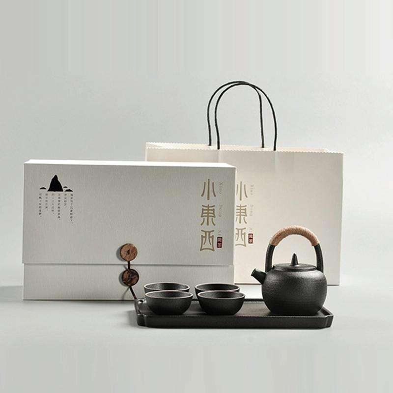Portable Travel Ceramics Loop Handle Pot Teapot Teacup Set with Tea Tray(Black)