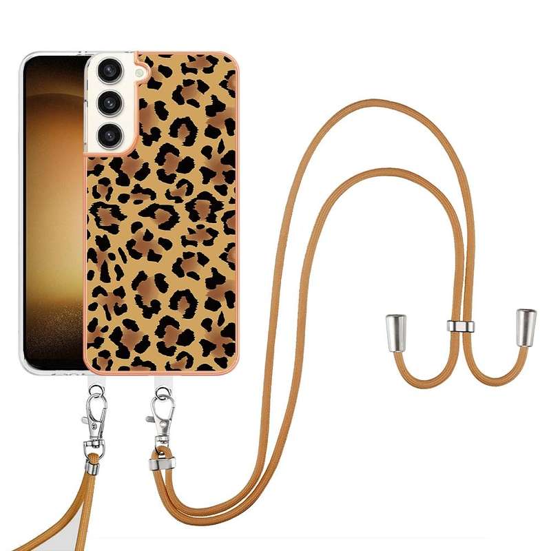 For Samsung Galaxy S23+ 5G Electroplating Dual-side IMD Phone Case with Lanyard(Leopard Print)