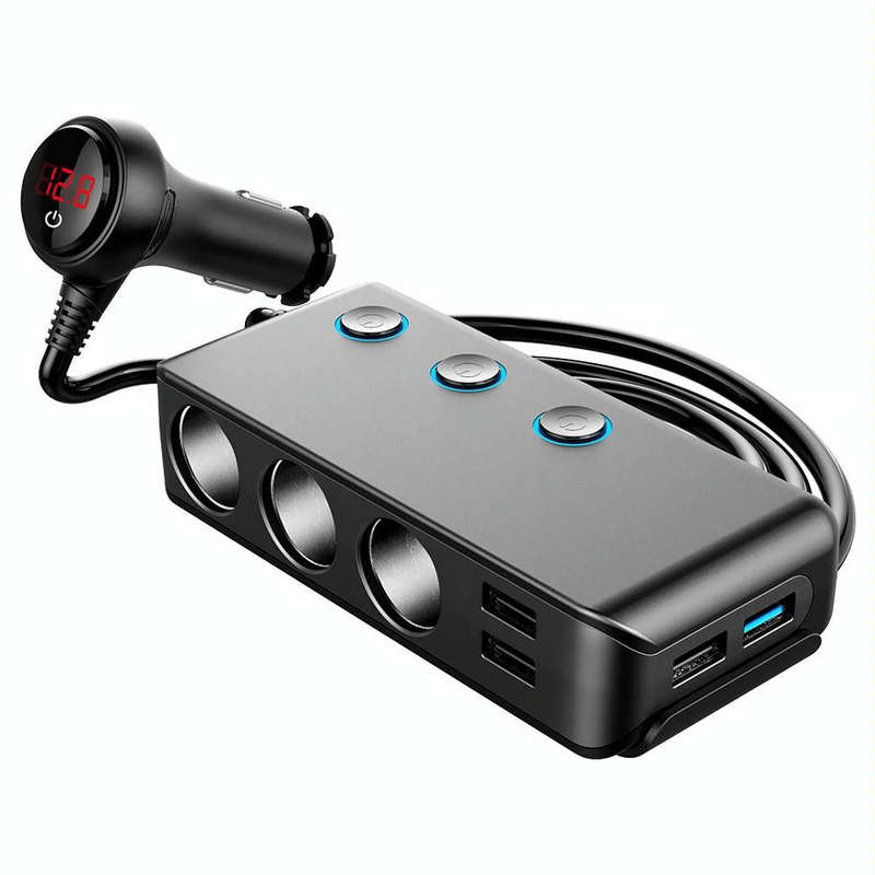 Car Cigarette Lighter Car Charger 3USB Port +1 QC3.0 + 3 Cigarette Lighter Ports + Back Clip Desi...
