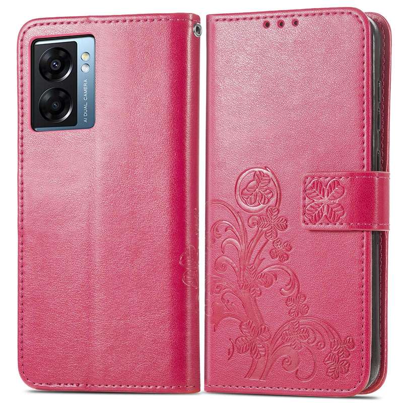 For OPPO A57 5G Four-leaf Clasp Embossed Buckle Leather Phone Case(Rose Red)