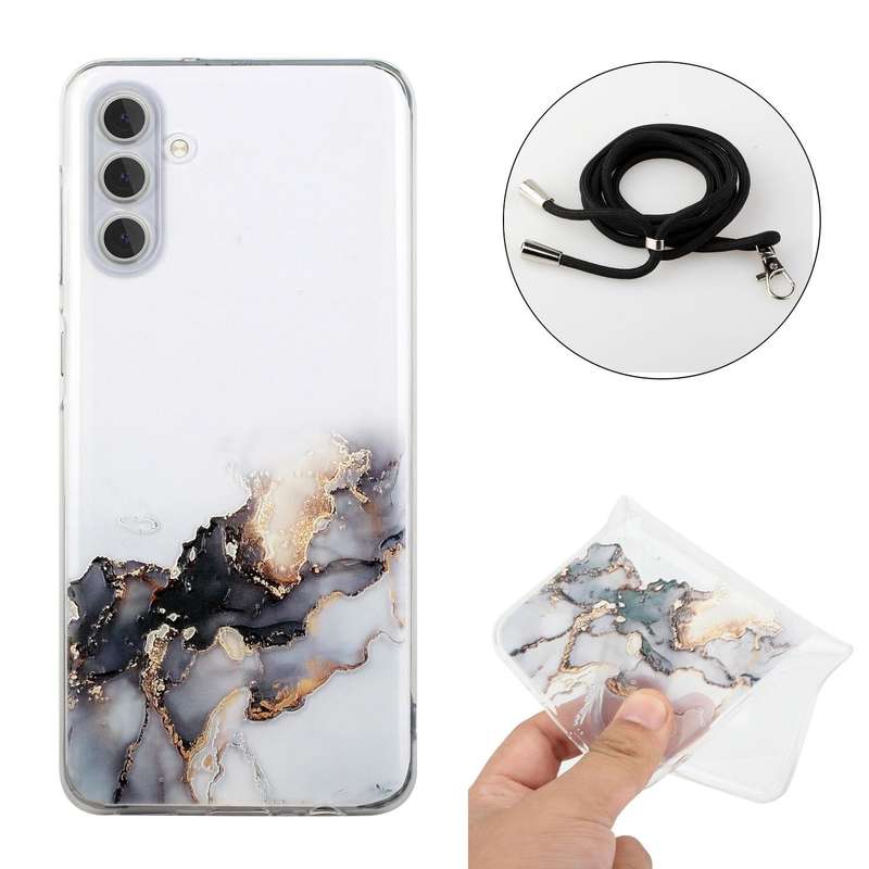 For Samsung Galaxy A34 5G Hollow Marble Pattern TPU Shockproof Phone Case with Neck Strap Rope(Bl...