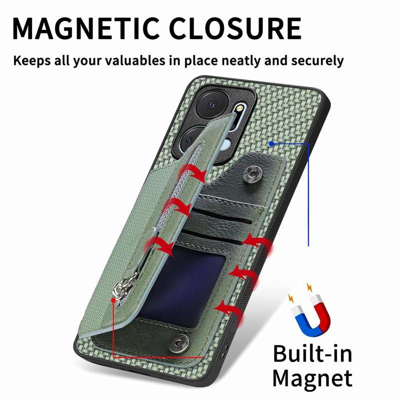 For Honor X7A Carbon Fiber Horizontal Flip Zipper Wallet Phone Case(Khaki)