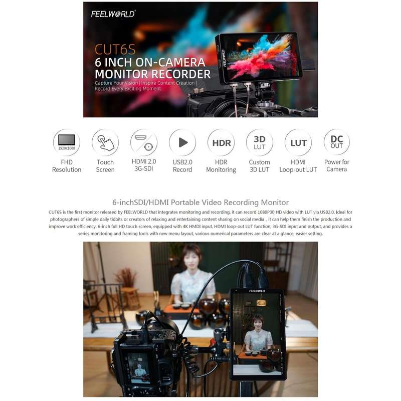 FEELWORLD CUT6S 6-inch Touch Screen Monitor Recorder FHD IPS 4K HDMI 3G-SDI Camera Field Monitor ...