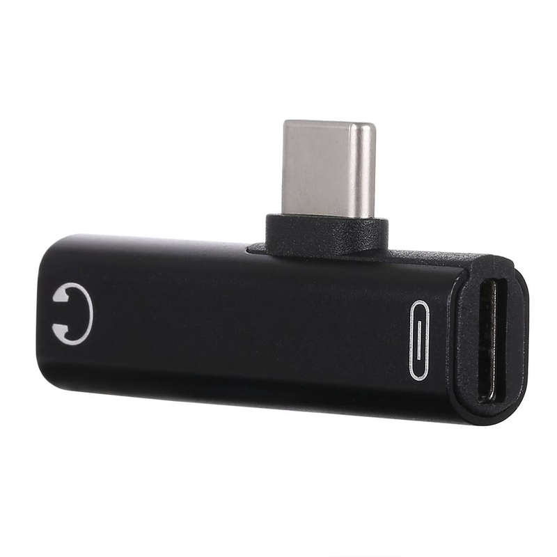 2 in 1 USB-C / Type-C Male to USB-C / Type-C Female 3.5mm Jack Charging Listening Adapter(Black)