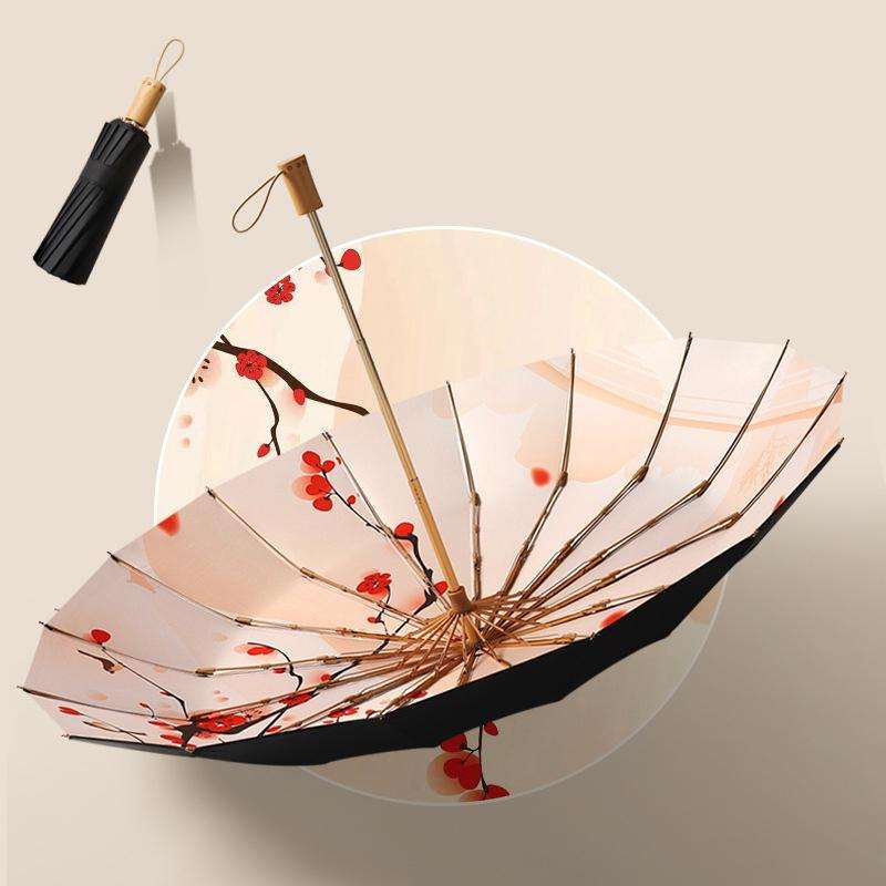 3-fold 16-bone Hand Open Umbrella Retro Wood Handle Black Glue Sunshade Umbrella(Prune Tree)