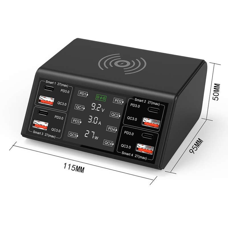 838w 9 in 1 100W 4 PD 3.0 USB-C / Type-C + 4 QC 3.0 USB Ports Smart Digital Display Wireless Char...