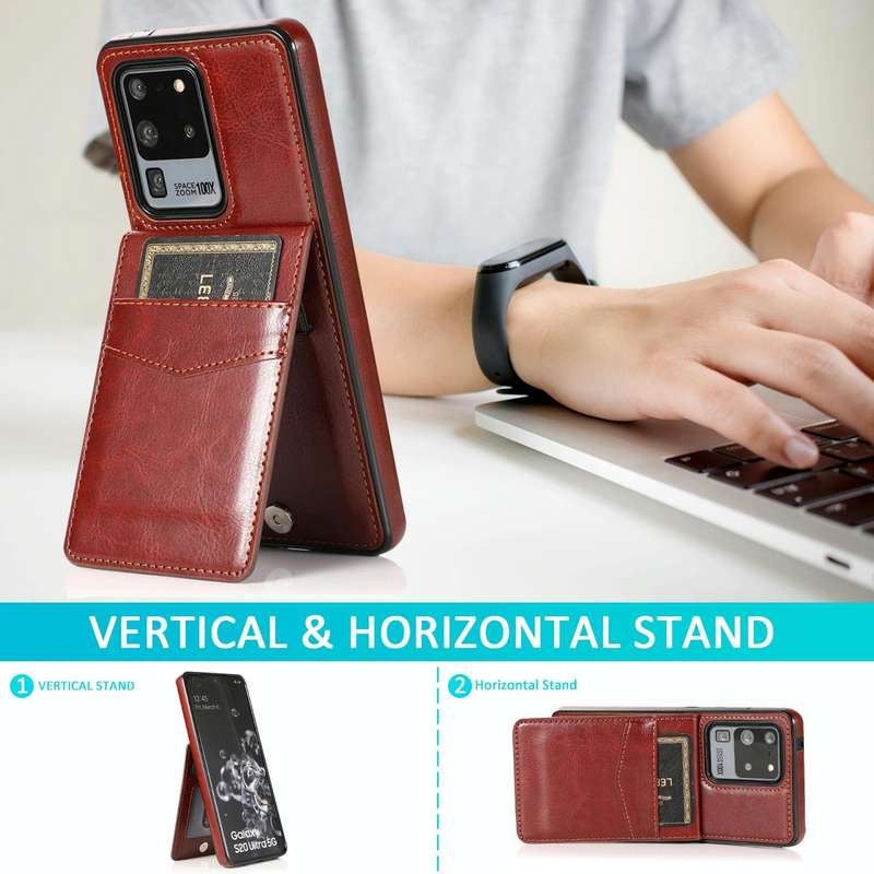 For Samsung Galaxy S20 Ultra Solid Color PC + TPU Protective Case with Holder & Card Slots(Brown)