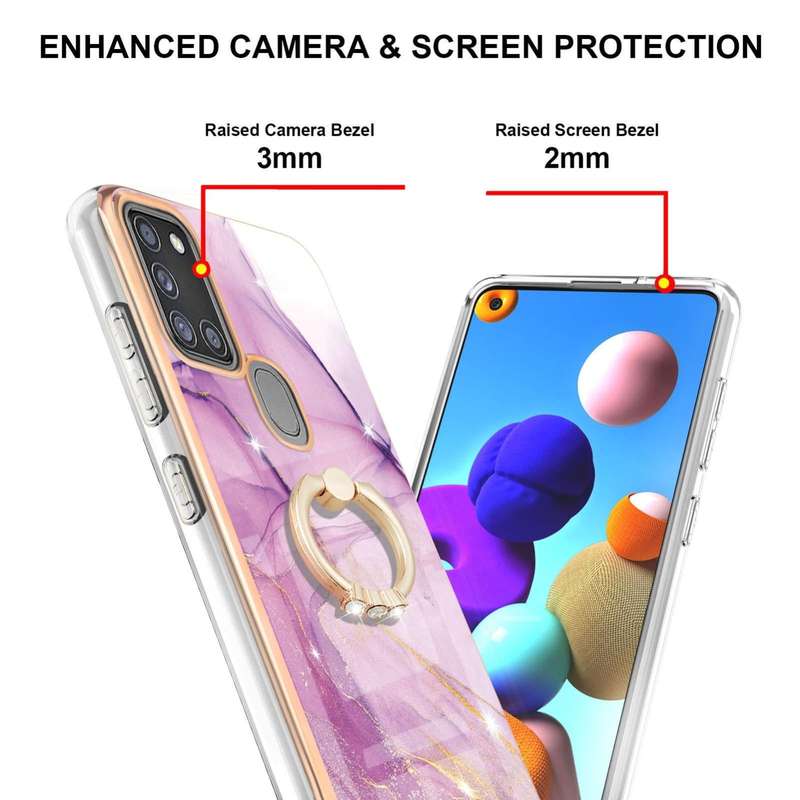 For Samsung Galaxy A21s Electroplating Marble Pattern IMD TPU Shockproof Case with Ring Holder(Pu...