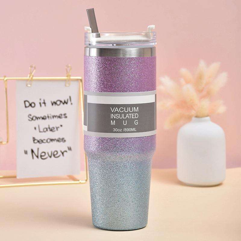 20oz Glitter Insulation Coffee Cup Double Layer Ice Cup Stainless Steel Car Cup With Straw(Purple...