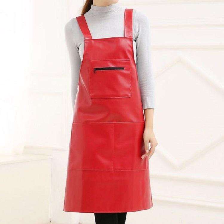 Waterproof Oil Proof Soft Leather Thick Wear-resistant Men and Women Overalls Apron(Red)
