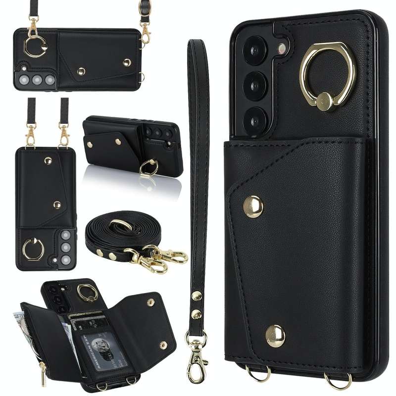 For Samsung Galaxy S22+ 5G Zipper Card Bag Phone Case with Dual Lanyard(Black)