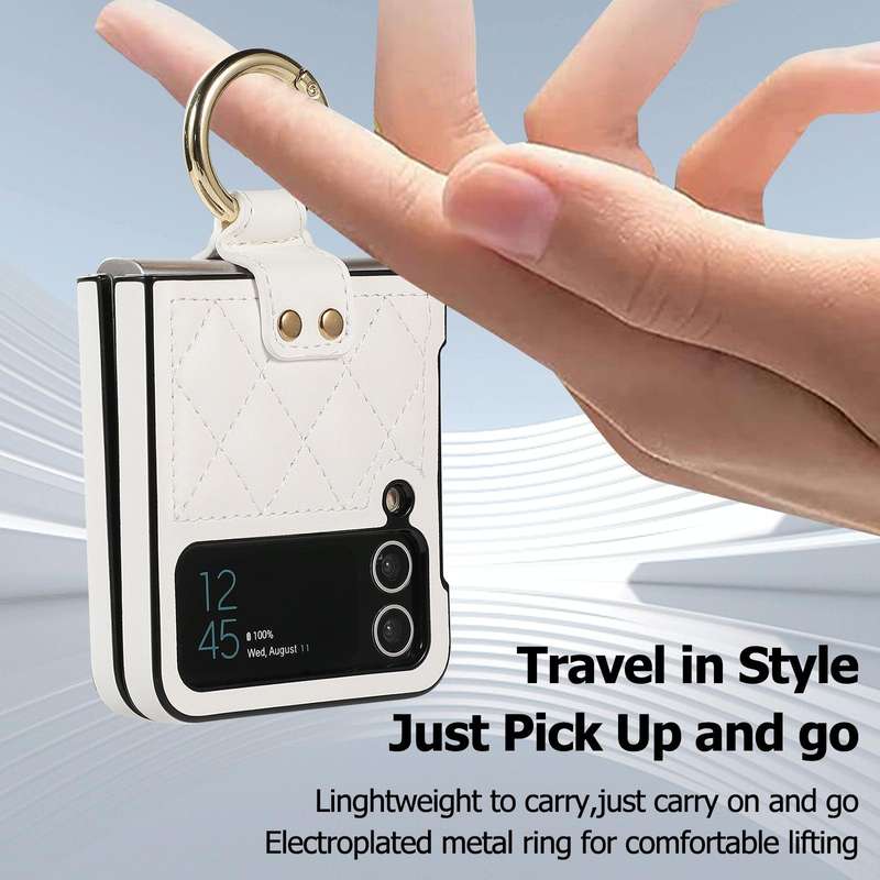 For Samsung Galaxy Z Flip4 Rhombic Microfiber Folding Phone Case with Ring(White)