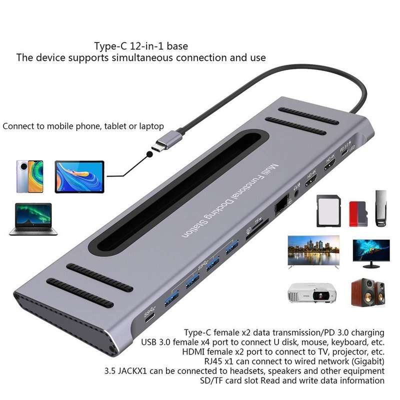 12-in-1 Type-C to PD+HDMI x 2+3.5mm+RJ45+SD/TF+USB3.0x4+Type-C HUB Docking Station