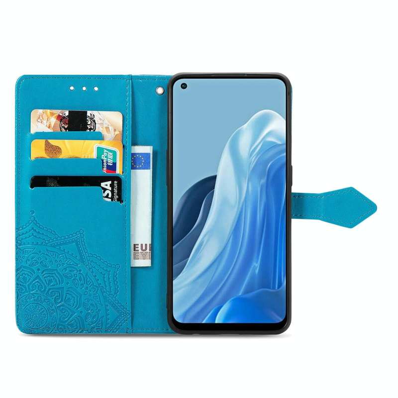 For OPPO Reno7 4G Mandala Flower Embossed Horizontal Flip Leather Phone Case(Blue)