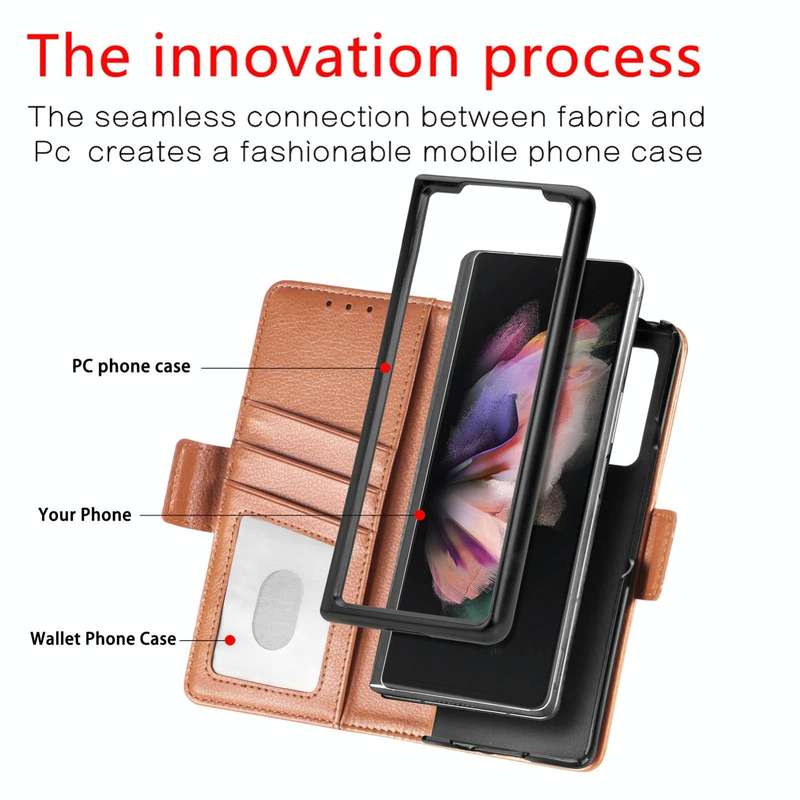 For Samsung Galaxy Z Fold4 5G Litchi Pattern Folding Phone Case with Pen & Card Slots (Brown)
