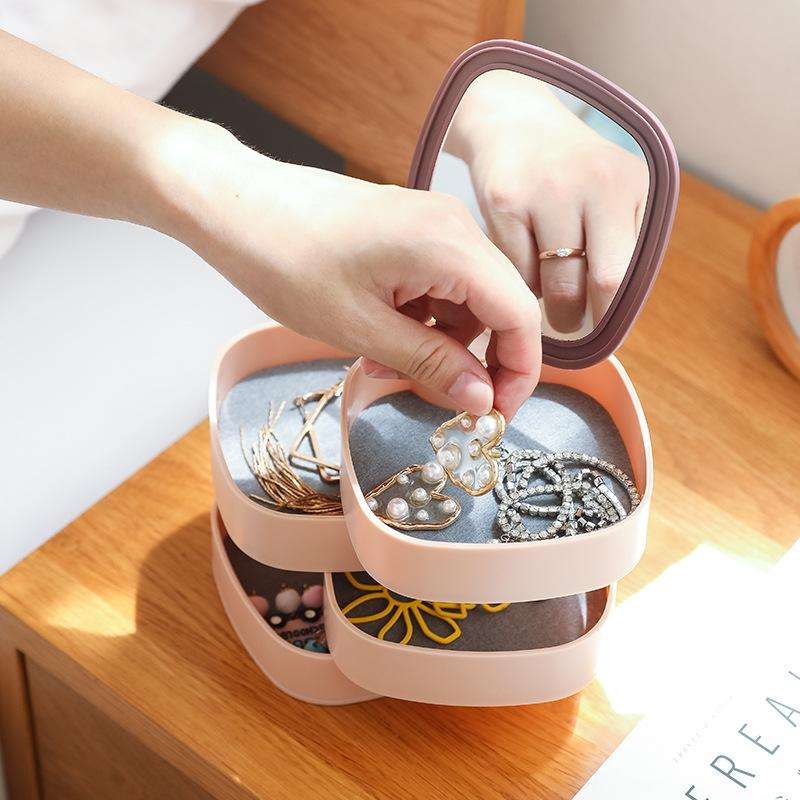 Desktop Contrast Color Multi-layer Jewelry Box With Mirror Rotating Storage Box(White Gray)