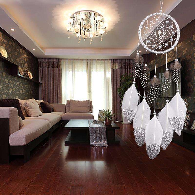 White Dream Catcher Wall Car Hanging Decoration Silver Feather Core Bead Handmade Dreamcatcher