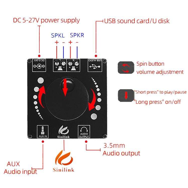 Sinilink AP50H HiFi 2.0 Stereo Bluetooth Digital TPA3116D2 Power Amplifier Board(PCB)