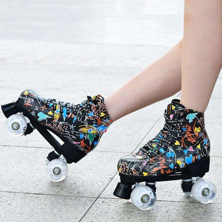 Adult Children Graffiti Roller Skates Shoes Double Row Four-Wheel Roller Skates Shoes, Size: 42(F...