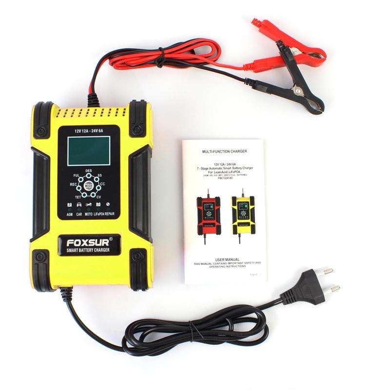 FOXSUR 12A / 12V / 24V Car / Motorcycle 7-stage Lead-acid Battery AGM Charger, Plug Type:EU Plug(...