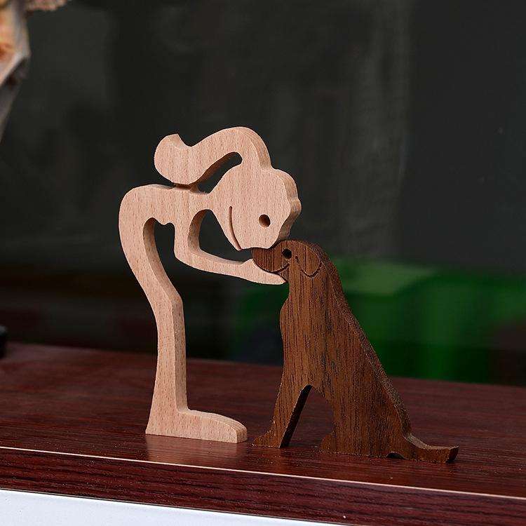 Wooden Human Dog Ornaments Office Home Wood Carving Decoration(B43)