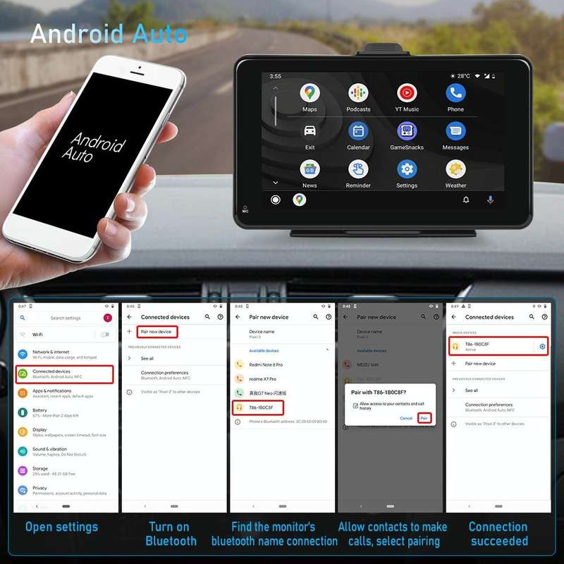 A3135 7 Inches HD Wired Smart Screen With Wireless CarPlay + Android Auto + Android With Camera