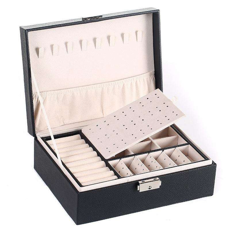 Simple Double-Layered Wooden Leather Jewelry Box With Lock Earrings Jewelry Box(Black)