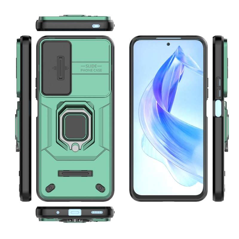 For Honor 90 Lite 5G Sliding Camshield TPU + PC Shockproof Phone Case with Holder(Green)