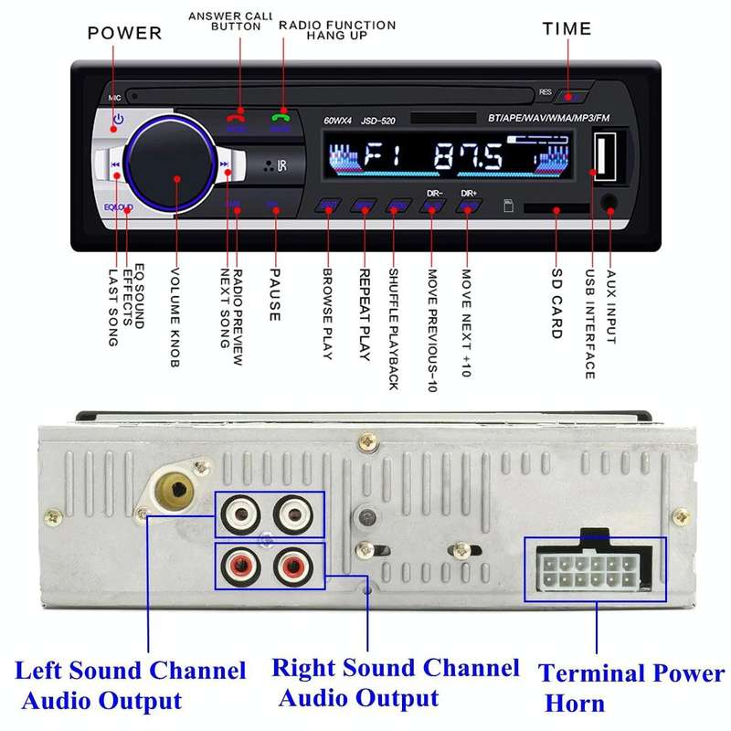 JSD-520 Car Stereo Radio MP3 Audio Player Support Bluetooth Hand-free Calling / FM / USB / SD, Or...