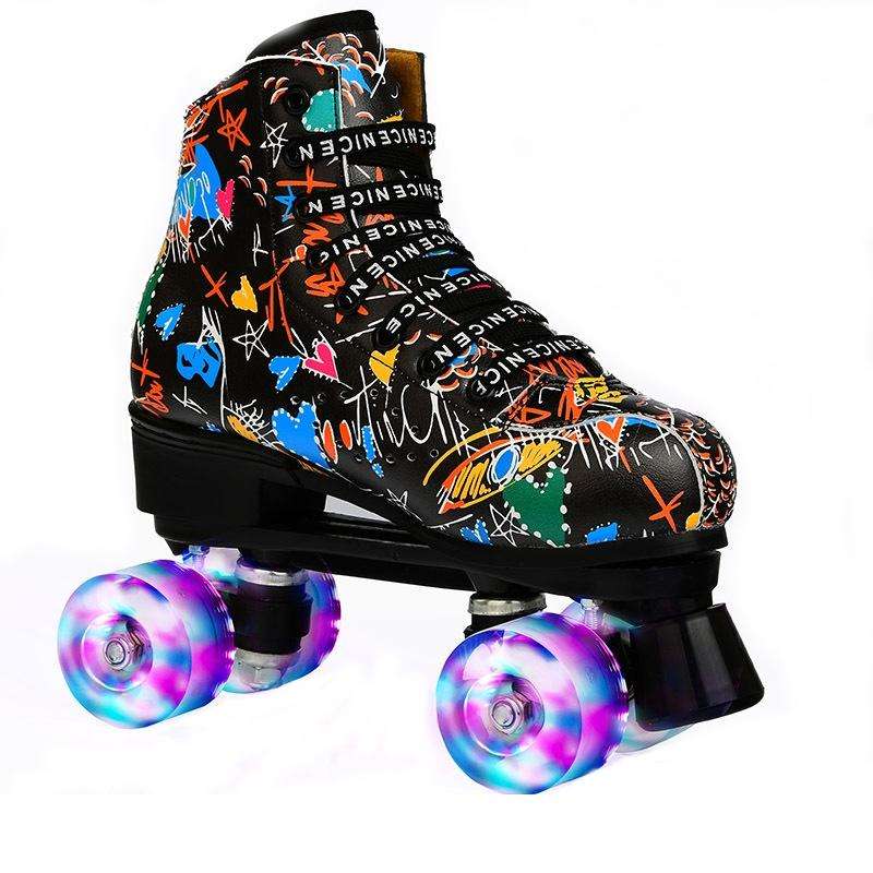 Adult Children Graffiti Roller Skates Shoes Double Row Four-Wheel Roller Skates Shoes, Size: 36(F...