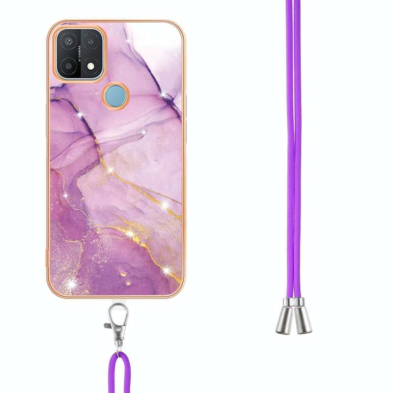 For OPPO A15 / A15s Electroplating Marble IMD TPU Phone Case with Lanyard(Purple 001)