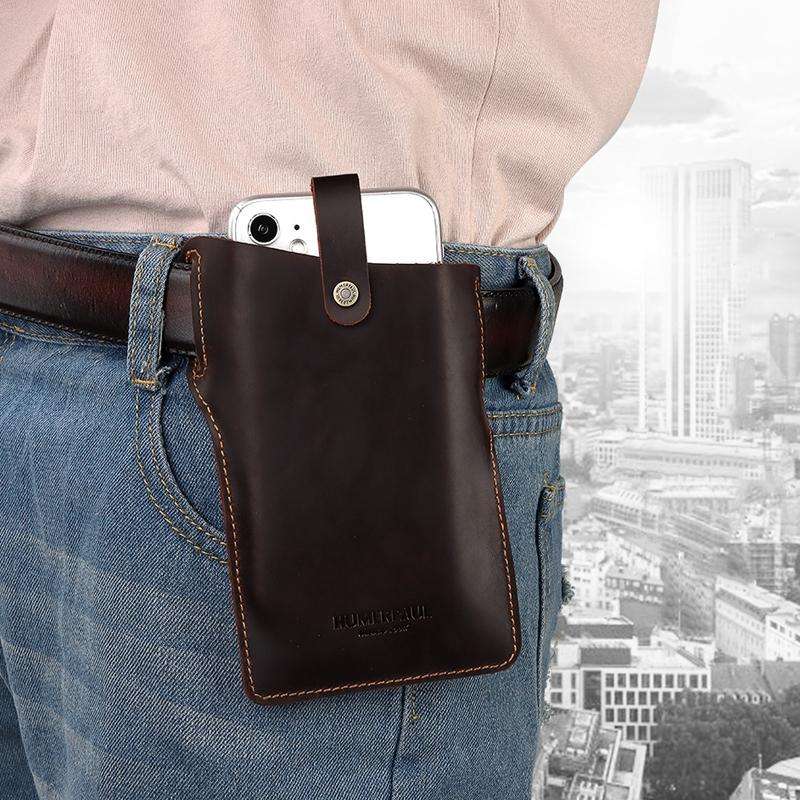 HUMERPAUL Men Leather Retro Belt Mobile Phone Bag(Khaki)
