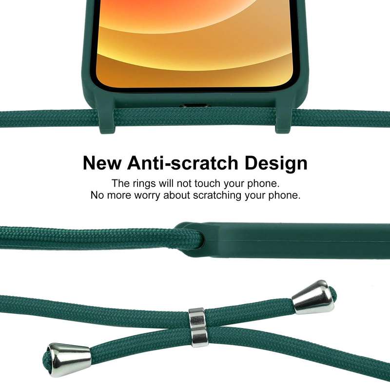 For iPhone 12 Crossbody Lanyard Liquid Silicone Case(Pine Needle Green)
