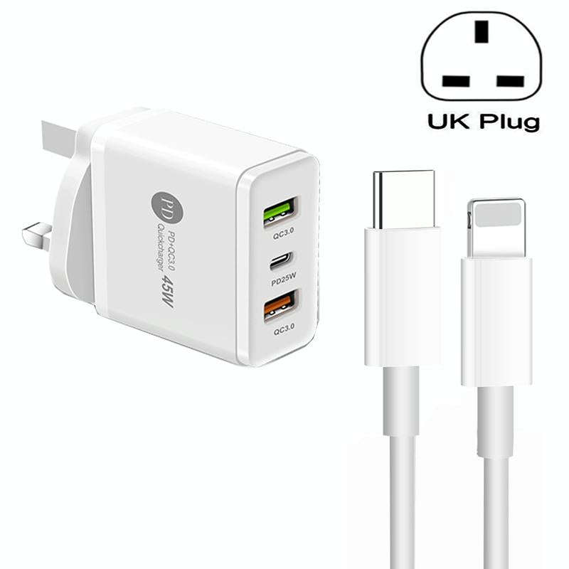 45W PD3.0 + 2 x QC3.0 USB Multi Port Charger with Type-C to 8 Pin Cable, UK Plug(White)