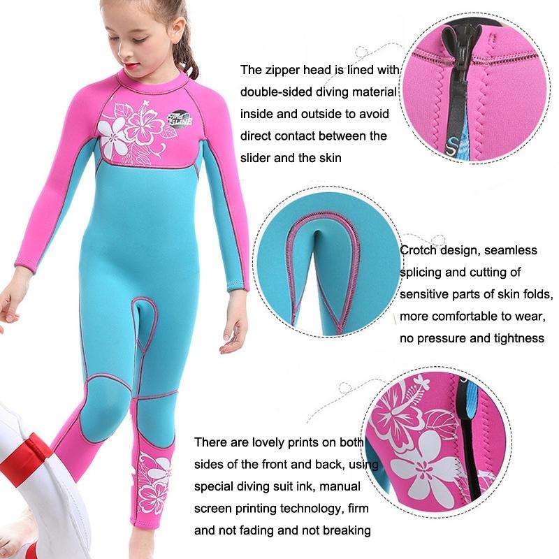 SLINX 1903 Kids Full Body Long Sleeve Thermal Wetsuit, Size: S(Pink Blue)